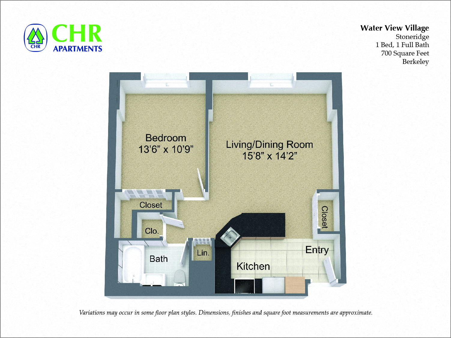 Floor plan for 1 bed, 1 bath, 850 sqft